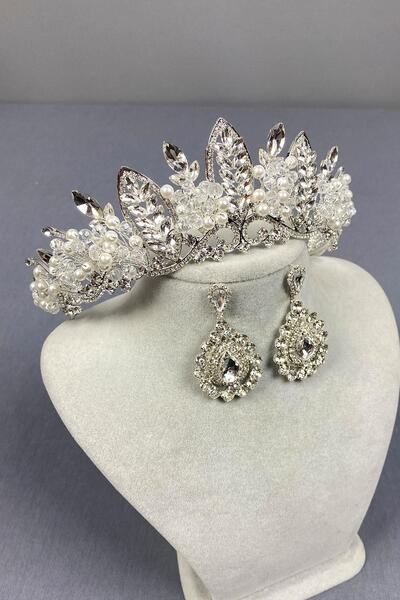 Limelia Silver Jabbah Bead Embroidered Earring Set for Bride - Crown and Shuttle
