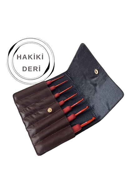 yumakça Knitme Red Tığ Seti | 7 Adet Tığ Orjinal Koyu Kahve Deri Çantalı