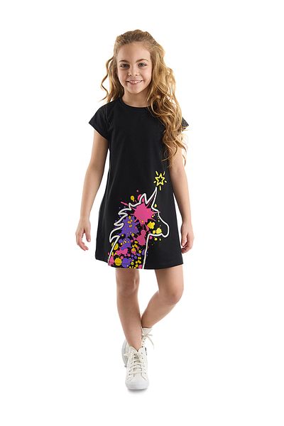MSHB&G Einhorn-Spritzer-Muster - Schwarzes Sommerkleid aus Baumwolle für Mädchen