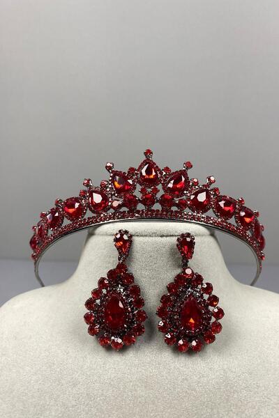 Limelia Red Ade Bridal - Set de coroană cu henna și cercei cu piatră de migdale