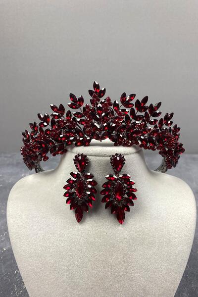 Limelia Σετ σκουλαρίκια με κορώνα και σκουλαρίκια με χάντρες από μπορντό Asleny