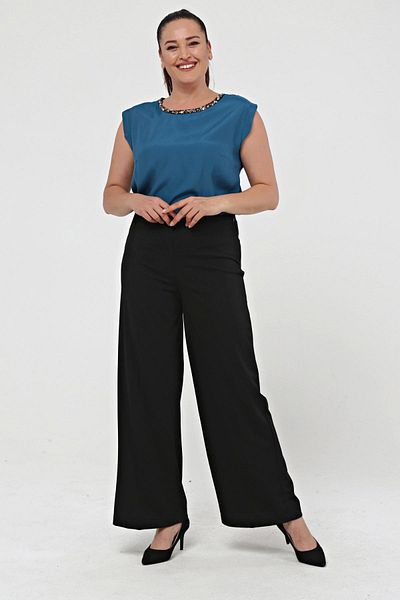 Zer Otantik Wide Leg Large Size Crepe Trousers Black