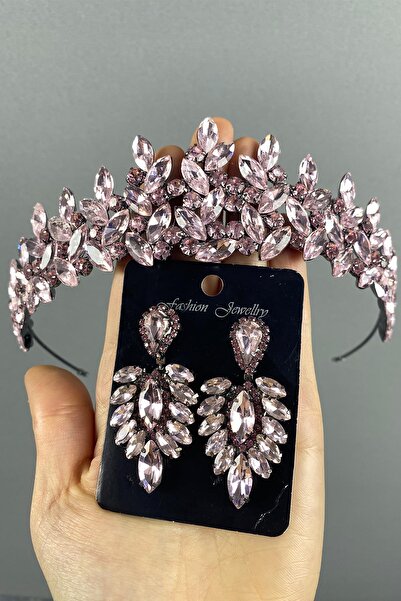 Limelia طقم تاج الحناء وحلق مكوك باللون الوردي