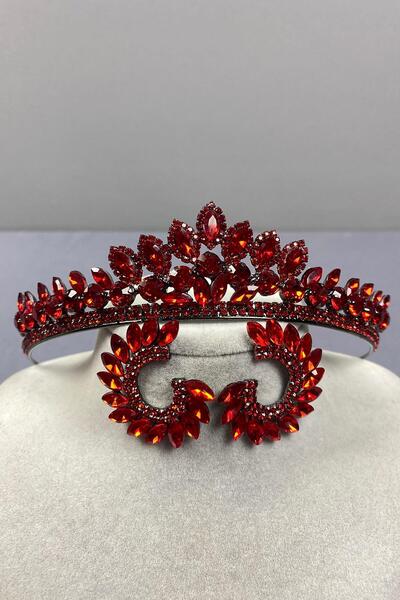 Limelia Red Leyn Bridal - Set de cercei cu coroană și pietre rotunde