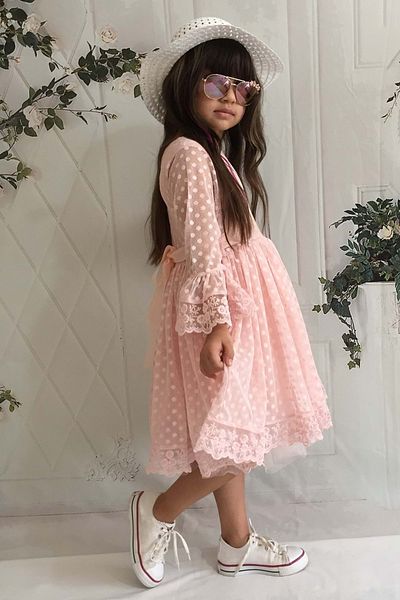 Mnk Cream Hat Lace Girl's Dress Salmon