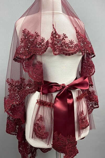 Limelia Bordo Alis Pullu Gelin Duvağı Kına Yüz Örtüsü