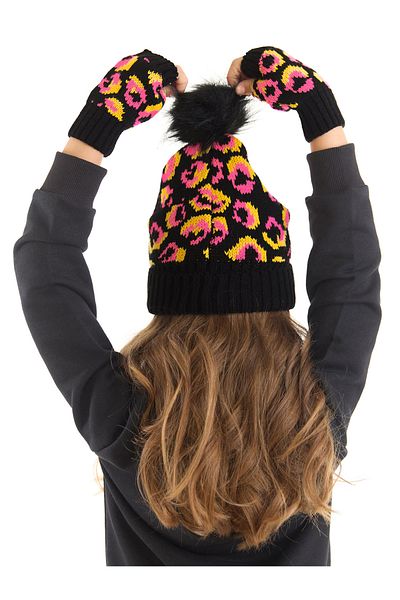 MSHB&G Set aus Baskenmütze und Handschuhen für Mädchen mit rosa Leopardenmuster