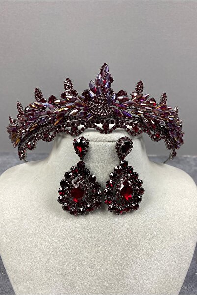 Limelia Set de coroană și cercei cu piatră de mireasă Lena Crystal Burgundy c...