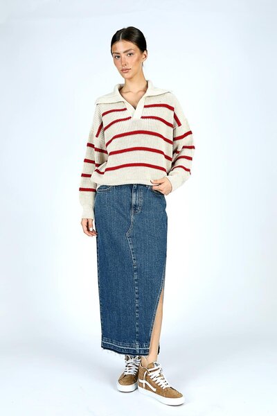 Lee Cooper Beige-Red Cop Women's Polo Neck Knitwear Sweater