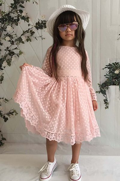 Mnk Cream Hat Lace Girl's Dress Salmon