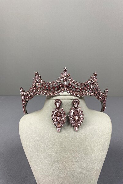 Limelia Set de coroană de mireasă roz și cercei veneți cu navetă subțire