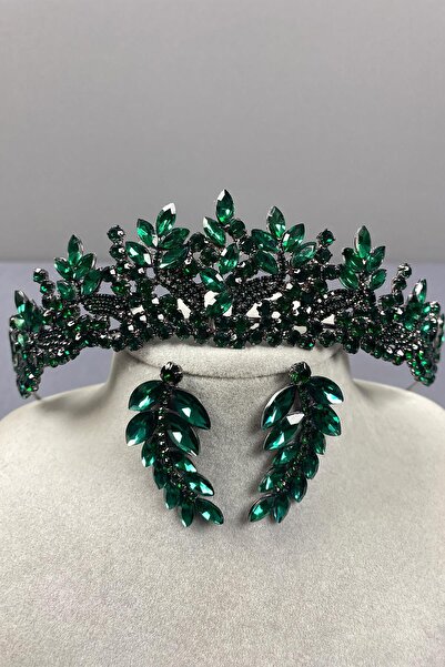 Limelia Set de coroană și cercei cu frunze de mireasă verde Henna - Belur