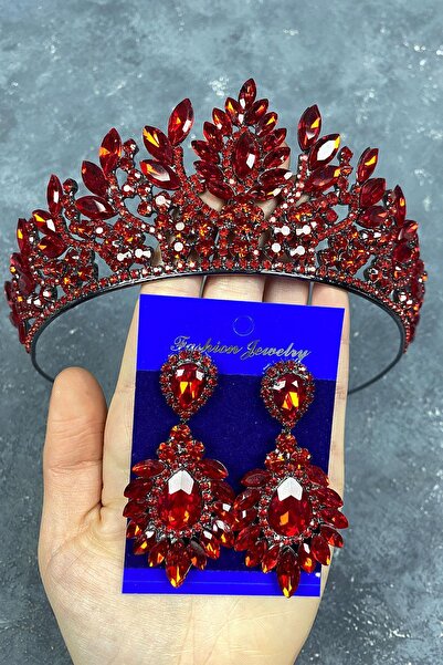 Limelia Set de coroană și cercei de mireasă cu piatră roșie Danver
