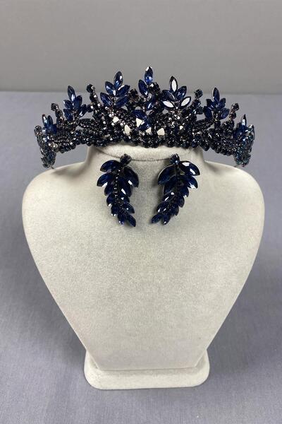 Limelia Set de cercei cu coroană și frunze de mireasă albastru bleumarin - Belur