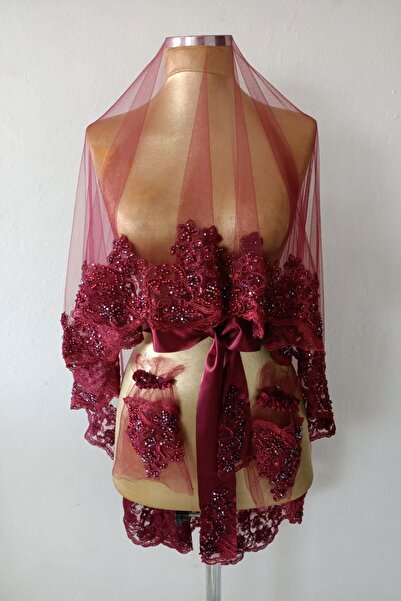 Limelia Bordo Ultra Lüks Kristal Boncuk İşlemeli Gelin Kına Duvağı