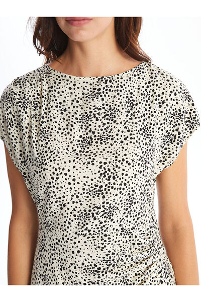 LC Waikiki Ecru Crew Neck Patterned Dress