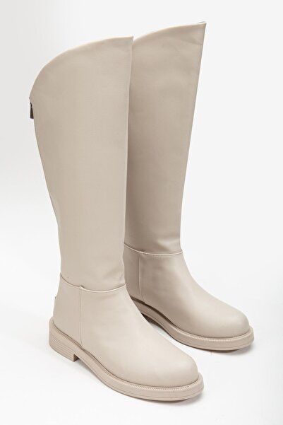 MaskButik Beige Alinda Leather Boots - Back Zipper