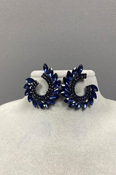 Limelia Lacivert Mekik Hera Yaprak Desen Taşlı Abiye Küpe