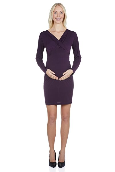Luvmabelly 5535 Sandy Kumaş Uzun Kollu Önü Büzgülü Hamile Elbise