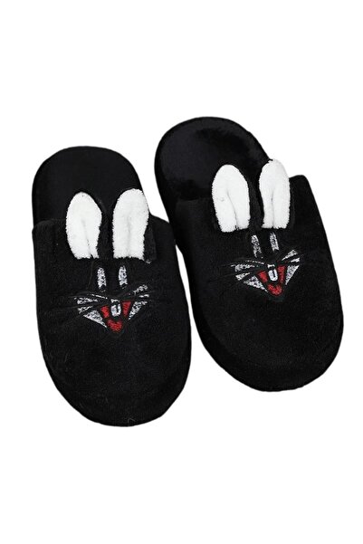 Liger Önü Kapalı Tavşanlı Peluş Kadın Ev Terliği SİYAH