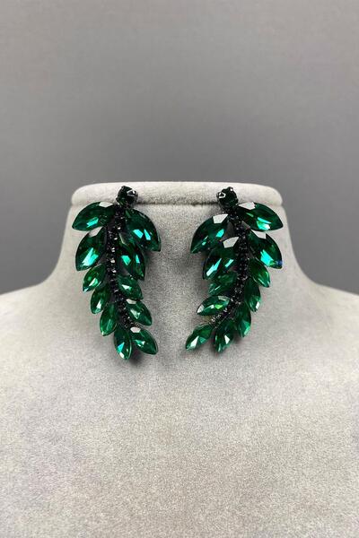 Limelia Yeşil Yaprak Desen Ela Abiye Taşlı Gelin Küpesi