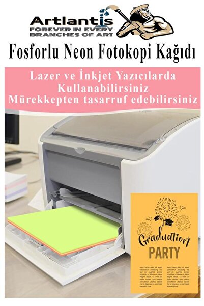 Artlantis Neon Fosforlu Renkli A4 Fotokopi Kağıdı 50 li 1 Paket 50 Adet Fosforlu 5 Renk Parlak Canlı Renkler F
