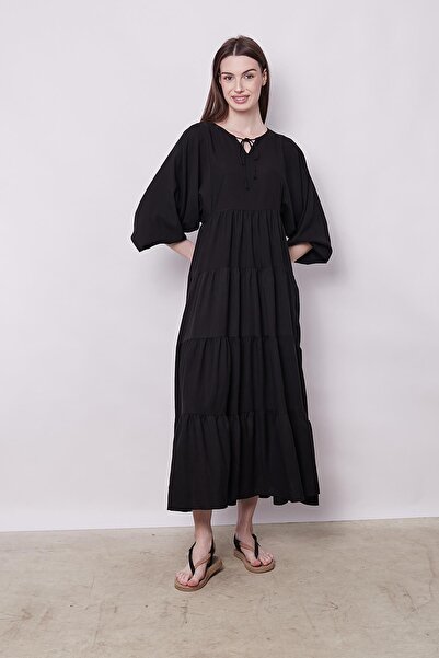 Jument Women's Invisible Viscose Poplin Fabric Long Sleeve Skirt Ruffled Long Dress-Black