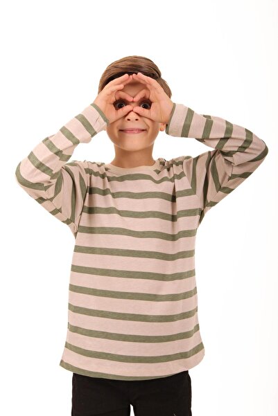 Perendi Παιδικό φούτερ Unisex 2 συσκευασιών - Crew Neck, μακρυμάνικο, ριγέ και μασίφ χακί μπεζ-μπεζ