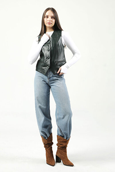 Dericlub Vittoria Green Slim Fit Genuine Leather Women's Vest - Buttoned