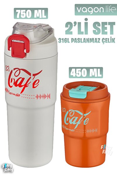 Vagonlife 2'li Çelik Termos-Kahve Bardağı Seti 750ML Çift Kullanım Termos//45...
