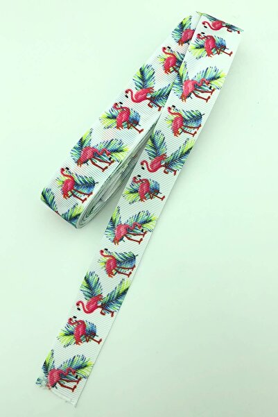 Limelia Panglică Grosgrain albă Flamingo cu imprimeu - 10 Mt
