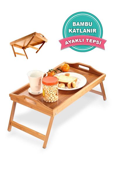 Nishev Large Size Portable Bamboo Breakfast Tea Serving Presentation Tray - With Folding Legs