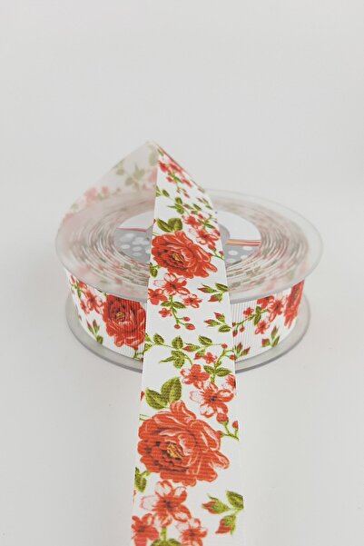 Limelia Panglică Grosgrain cu Motiv Trandafir Roșu 2,50 cm 20 m