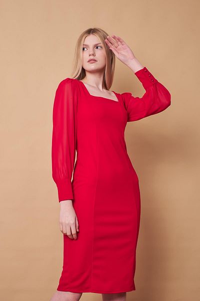 Jument Lycra Crepe Fabric Chiffon Detailed Square Collar Long Sleeve Dress-red