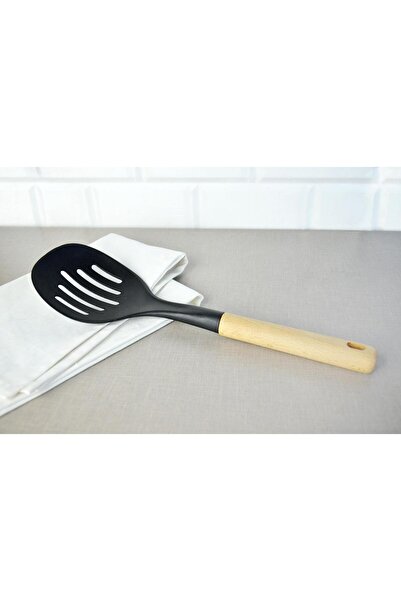 Nishev Small Colander with Wooden Handle, Kitchen Tool, Black Color, Durable and Stylish Design