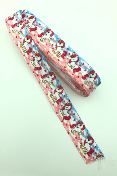 Limelia Panglică Grosgrain Imprimată Unicorn Albastru-Fucsia 10 Mt