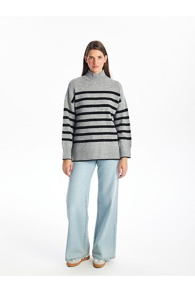 LC Waikiki Vision Gestreifter, langärmliger, übergroßer Damen-Strickpullover – halber Rollkragenpullover
