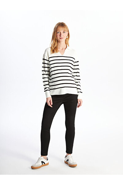 LC Waikiki Pruhovaný těhotenský úpletový svetr Polo s dlouhým rukávem a výstřihem