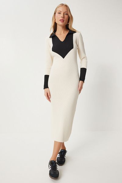 Happiness İstanbul Damen-Strickkleid mit Polokragen in Ecru – Kontrast JG00003