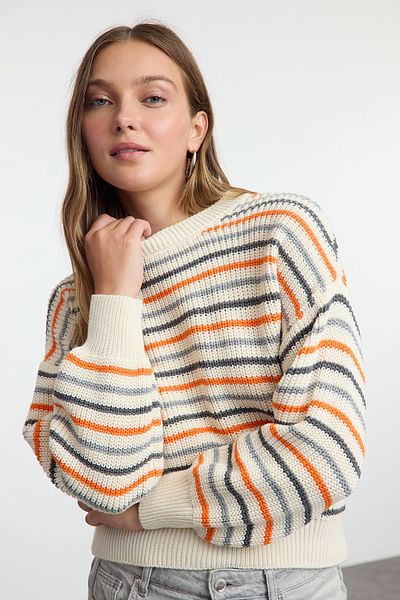 Trendyol Collection Stone Basic Stripes Pulover moale texturat cu blocuri de culoare TWOAW25KZ00351