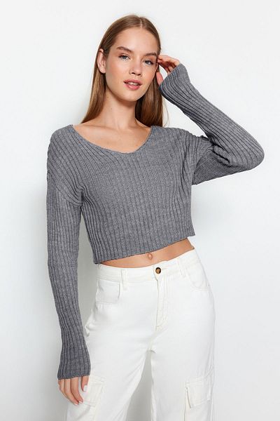 Trendyol Collection V-neck Anthracite Knitwear Crop Sweater - Twoaw24kz01214