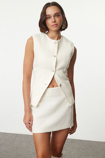 Trendyol Collection Tlustá tvídová tkaná sukně s ecru texturou TWOAW25ET00068
