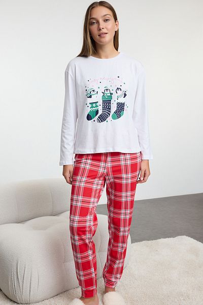Trendyol Collection Téli témájú fehér-többszínű 100% pamut kockás pizsama szett - THMAW25PT00121