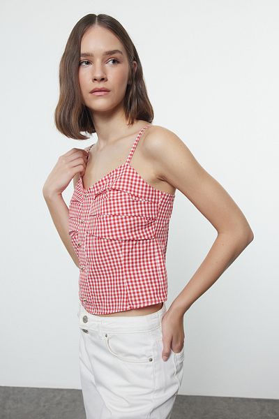 Trendyol Collection Red Woven Blouse - Straps and Gingham TWOSS24BZ00683