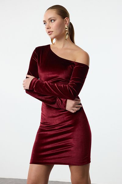 Trendyol Collection Burgundy Body Long Velvet Knitted Evening Dress Night Graduation Dress