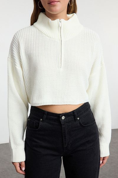 Trendyol Collection Ecru Super Crop Strickpullover mit Reißverschluss TWOAW24KZ00527
