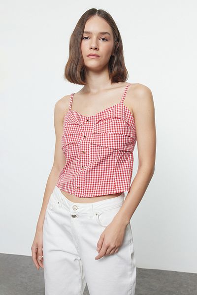 Trendyol Collection Red Woven Blouse - Straps and Gingham TWOSS24BZ00683