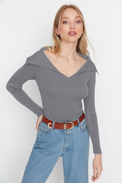 Trendyol Collection Anthracite Knitwear Sweater - Collar Detailed TWOAW22KZ0993