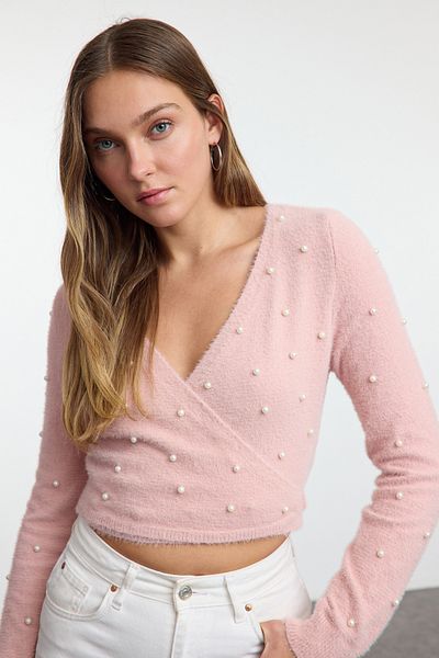 Trendyol Collection Pulover din tricotaje Dusty Rose - Super Crop, detaliu perlat, pene TWOAW24KZ00228