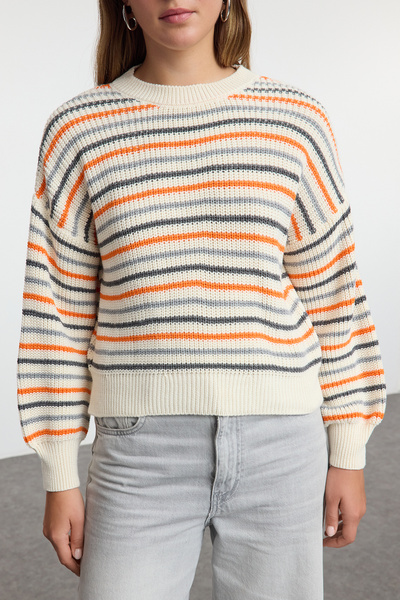 Trendyol Collection Stone Basic Striped Soft Textured Color Block Knitwear Sweater Twoaw25Kz00351